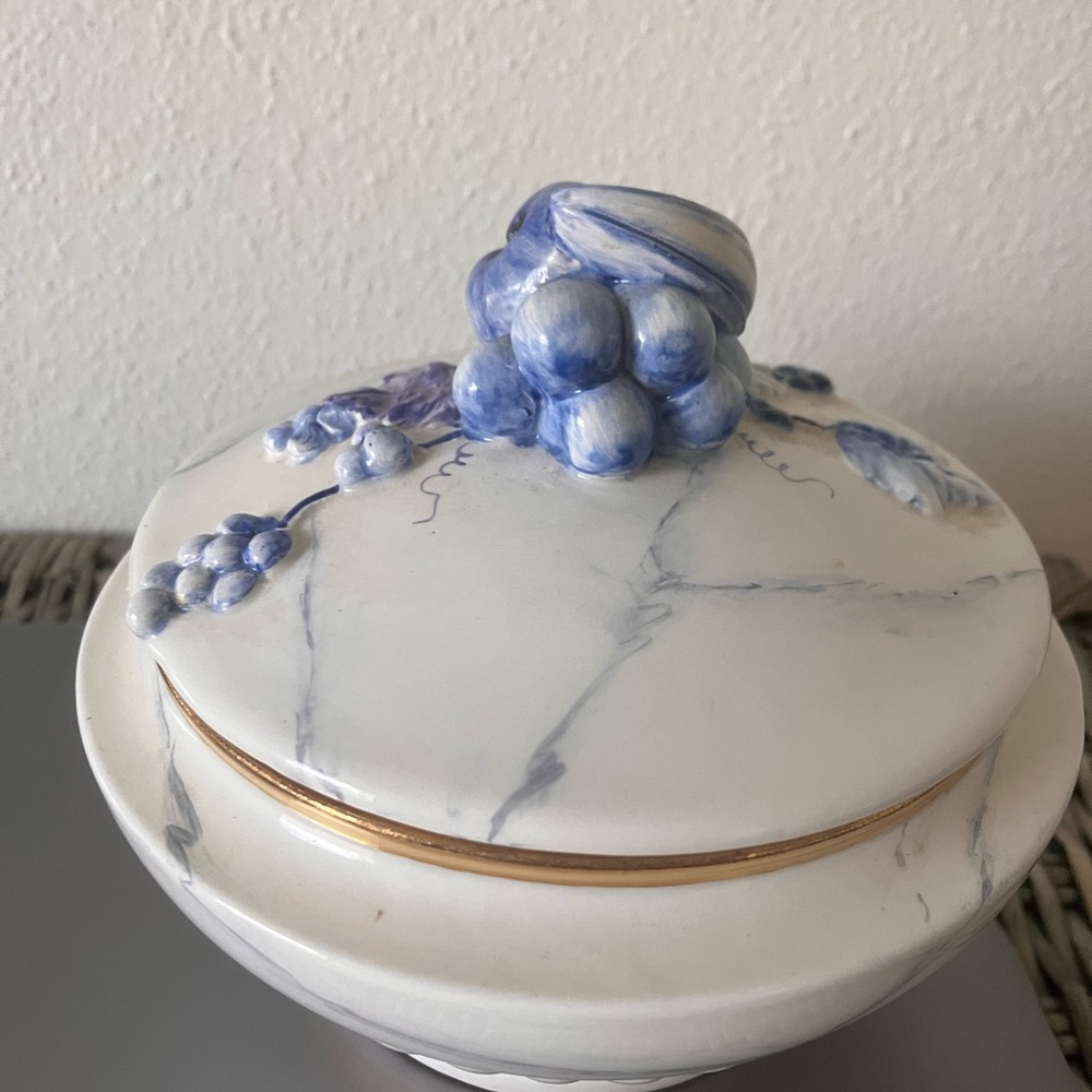 Elegant Blue and White vintage Ceramic Lidded Bowl with grapes motif
